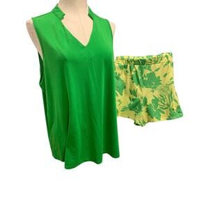 2XL Womens 2 Piece Knit Tank Short Set Tropical Yellow Green